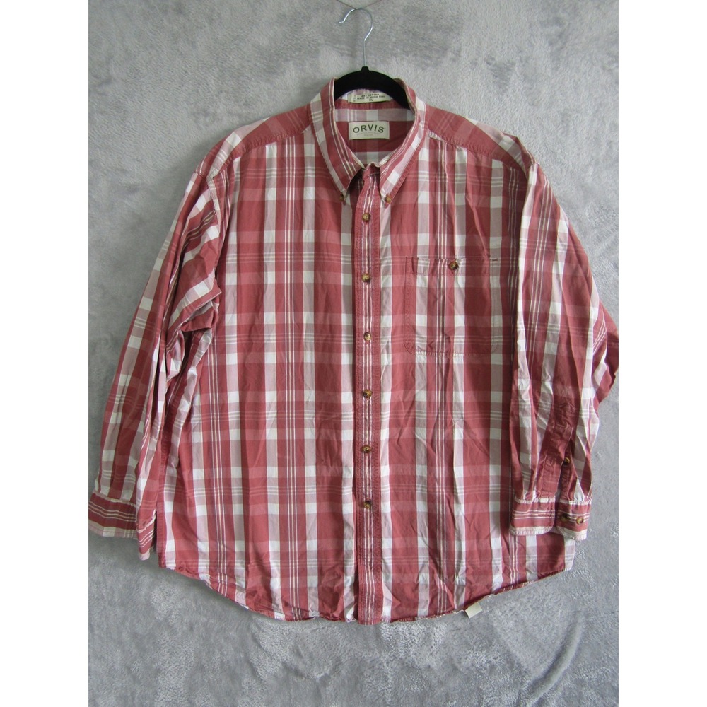 Orvis Men's XL Red White Plaid Long Sleeve Button Up Shirt Cotton Casual Outdoor
